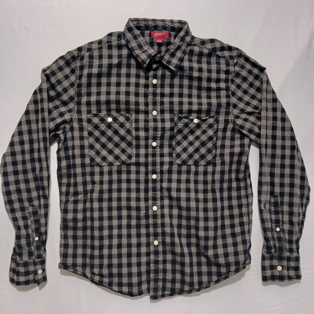 Arizona Jeans Co. Buffalo Plaid Black Grey Button Down Long Sleeve Cotton Large